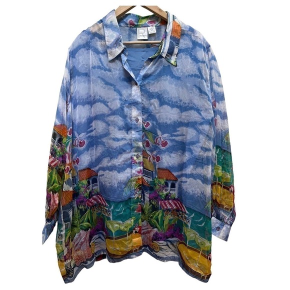 NWT Roaman’s Seaside Tropical Artsy Print Button Up Tank Blouse Plus Size 24W - Picture 2 of 14